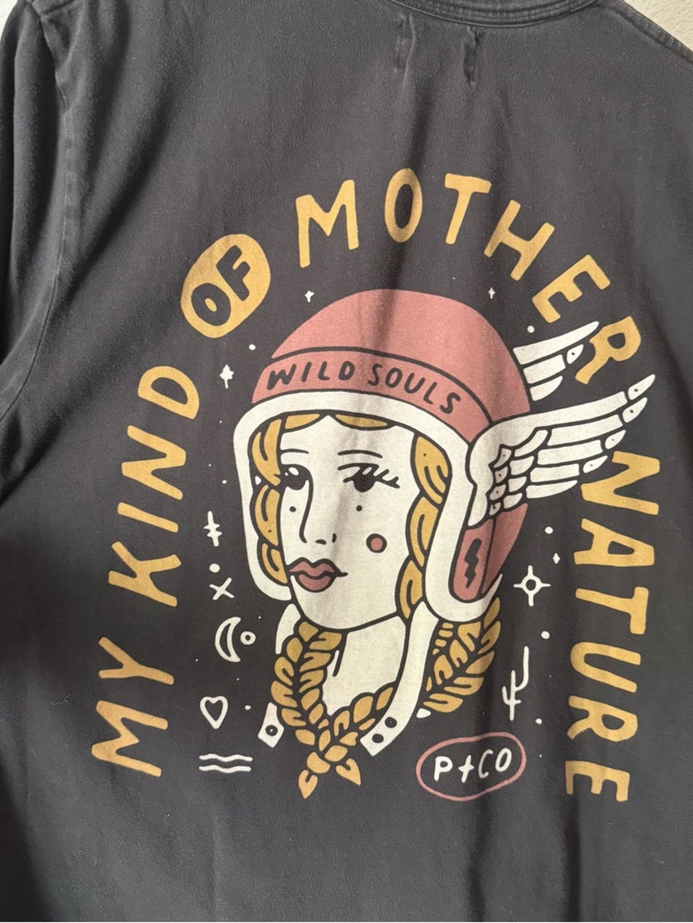 P&CO washed black graphic Mother Nature patch pocket crew neck tee t-shirt - Picture 6 of 7